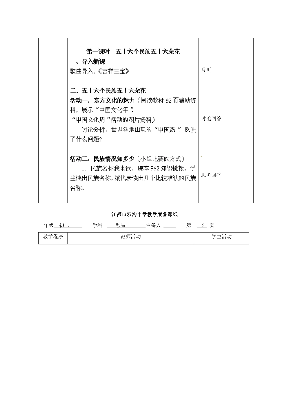江苏省扬州市江都区双沟中学八年级政治下册 民族情 民族魂教案 苏教版_第2页