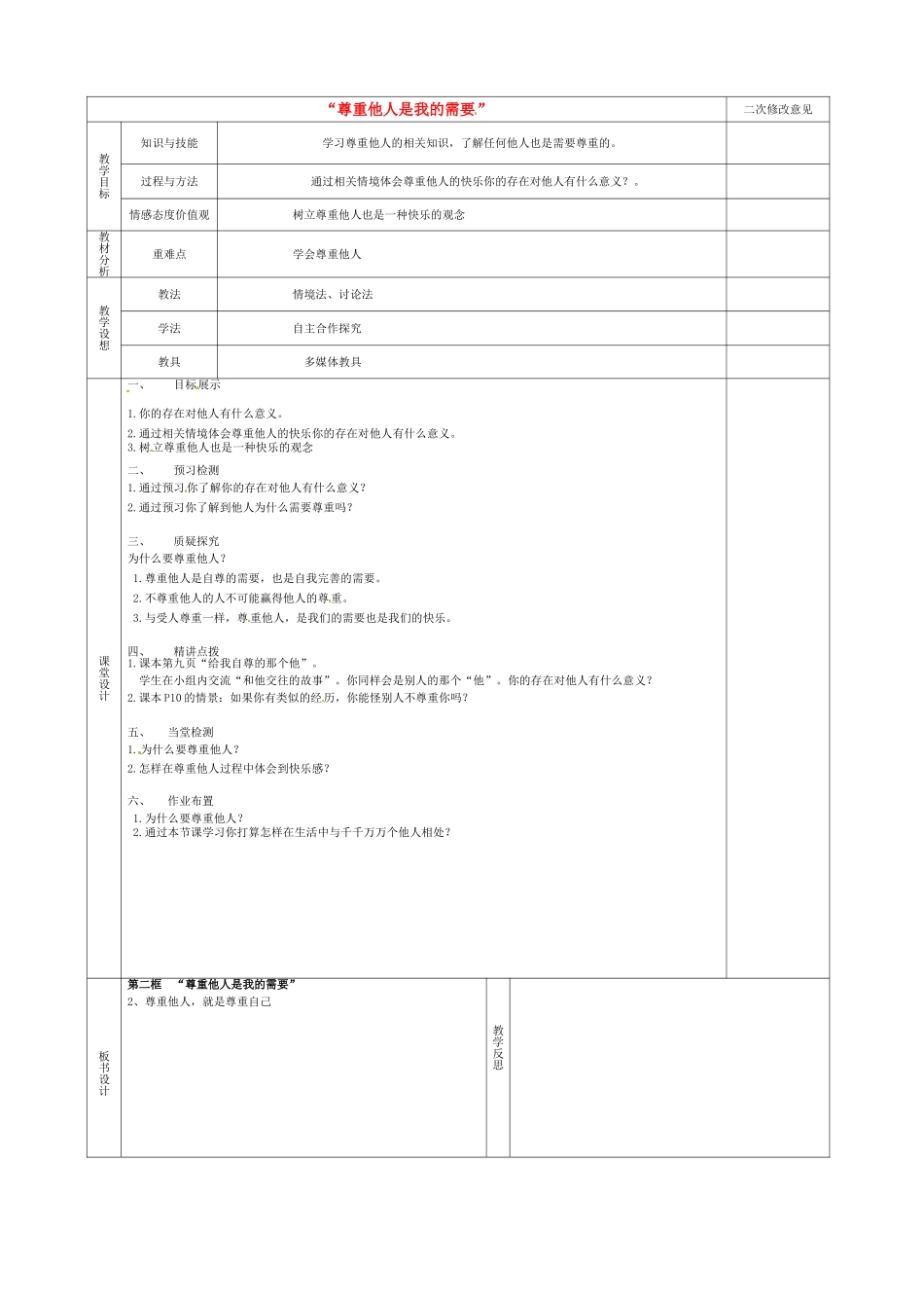 甘肃省宁县第五中学七年级政治下册 第一单元 第一课 第二框 尊重他人是我的需要教案 新人教版_第1页