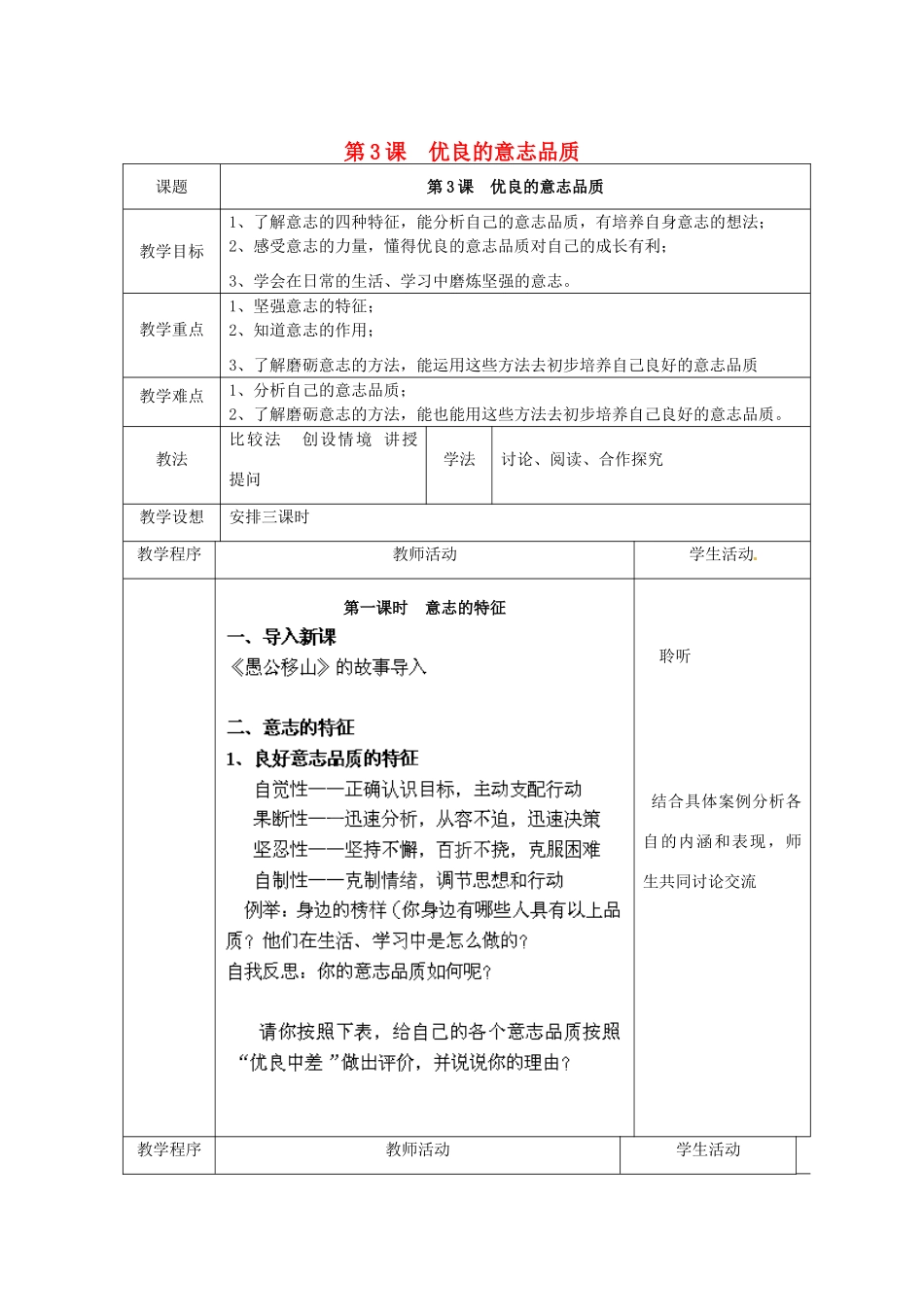 江苏省扬州市江都区双沟中学八年级政治上册 意志品质教案 苏教版_第1页