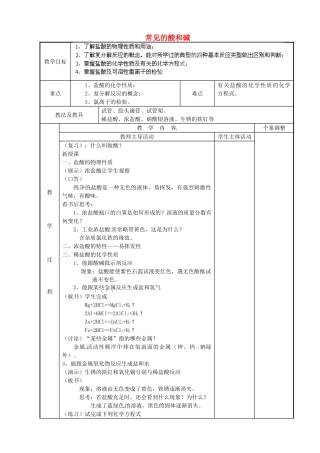 江苏省新沂市第二中学九年级化学下册 7.2 常见的酸和碱（第1课时）教案 （新版）沪教版