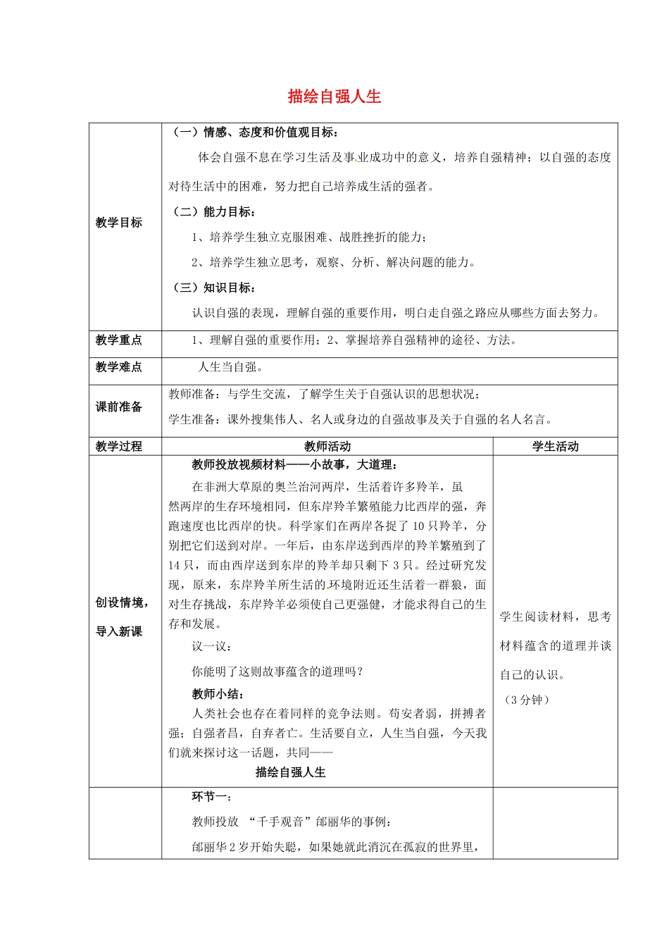 七年级思想品德上册 描绘自强人生教案1 鲁教版_第1页