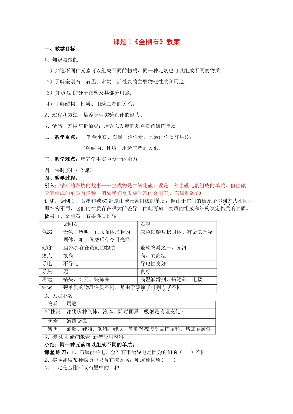 山东省临沂市费城镇初级中学九年级化学上册 第六单元 课题1《金刚石》教案 新人教版_第1页