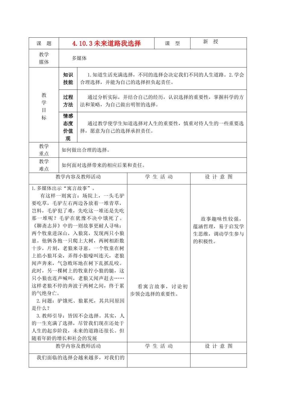 九年级政治 4.10.3未来道路我选择教案 鲁教版_第1页