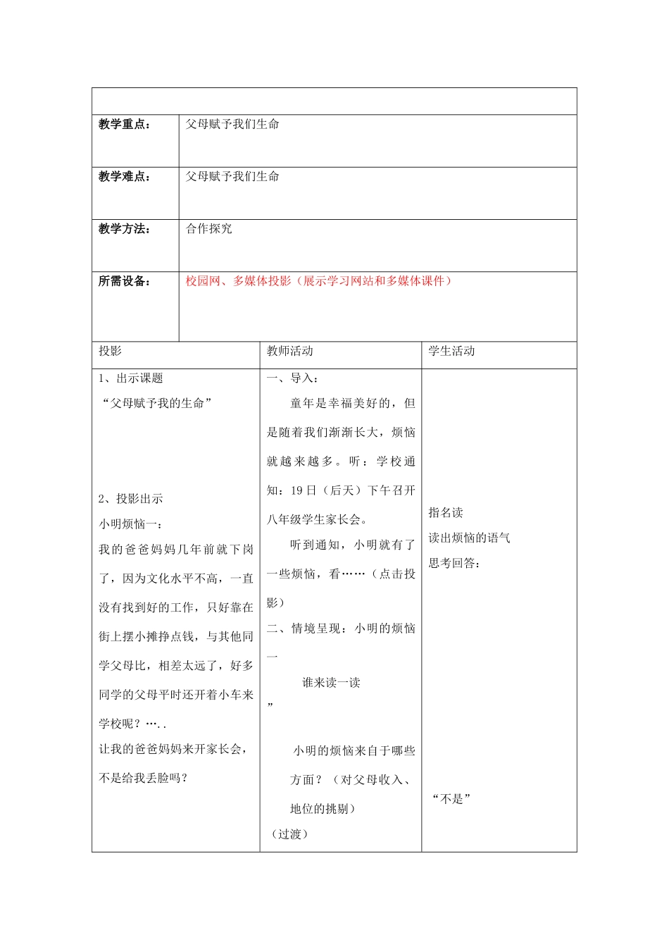 初中政治《父母赋予我们生命》教学案_第2页