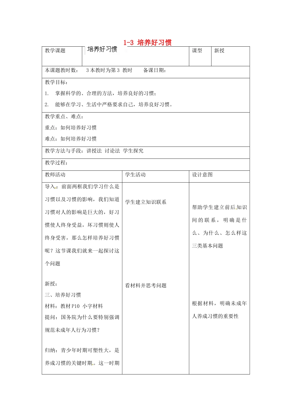江苏省昆山市锦溪中学八年级政治上册 1-3 培养好习惯教案 苏科版_第1页
