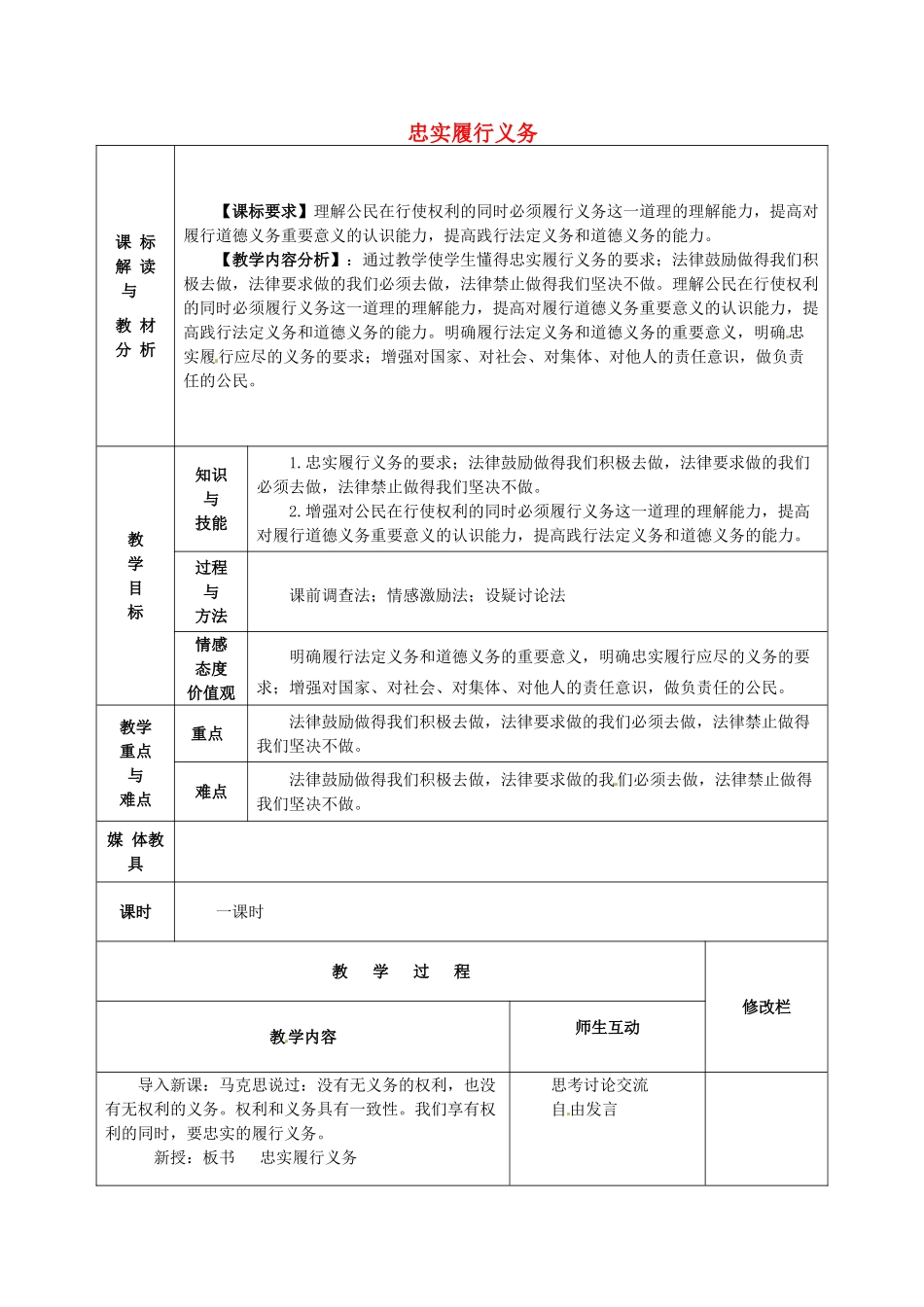 甘肃省武威第十一中学八年级政治下册《第一单元 第二课 忠实履行义务》教案 新人教版_第1页