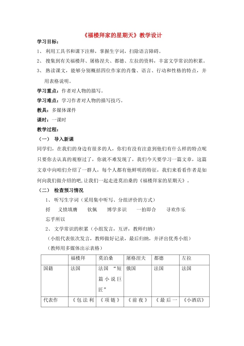 七年级语文上册 第11课《福楼拜家的星期天》教学设计 鲁教版_第1页