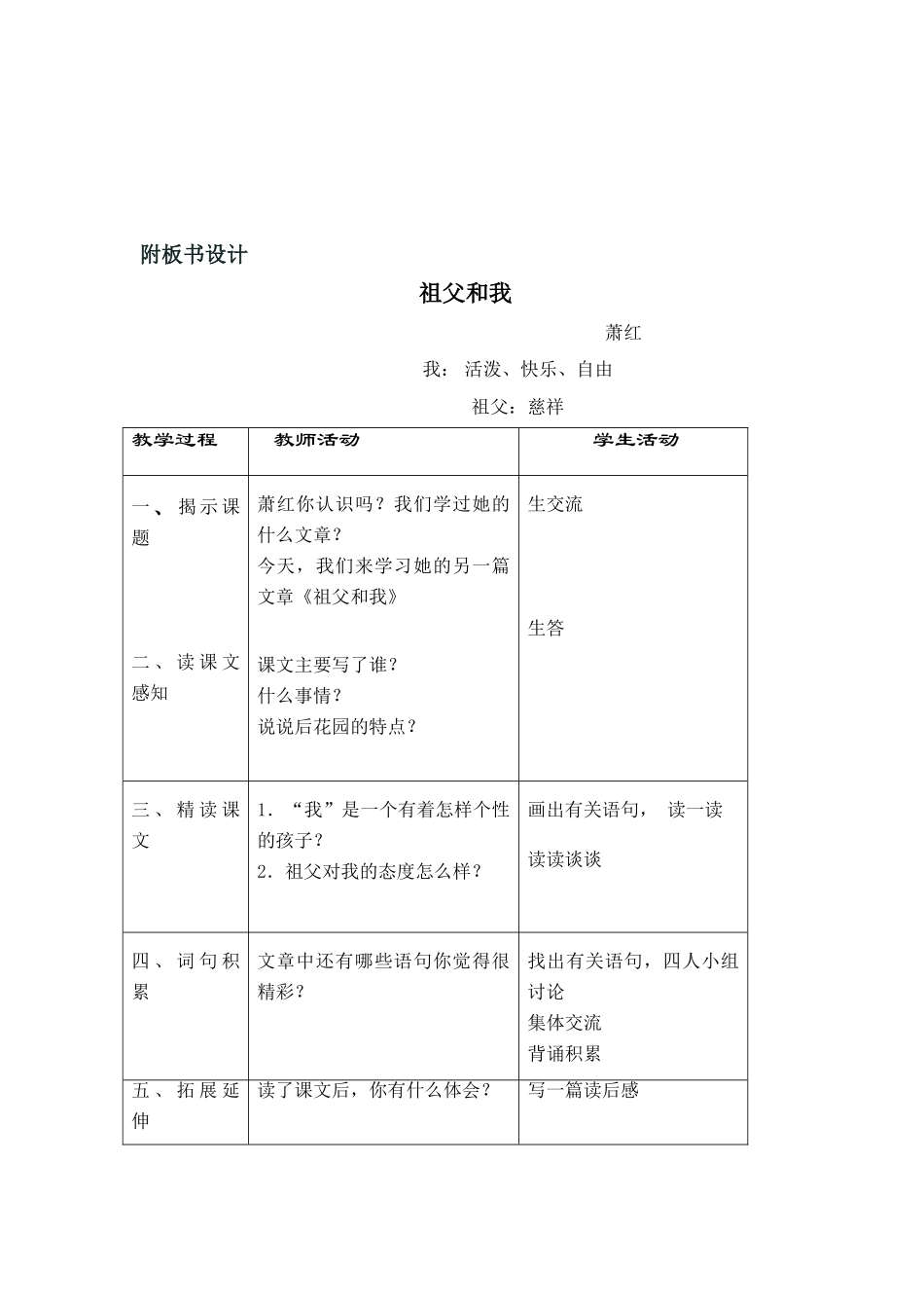 七年级语文下册《祖父》教学设计1长春版_第2页