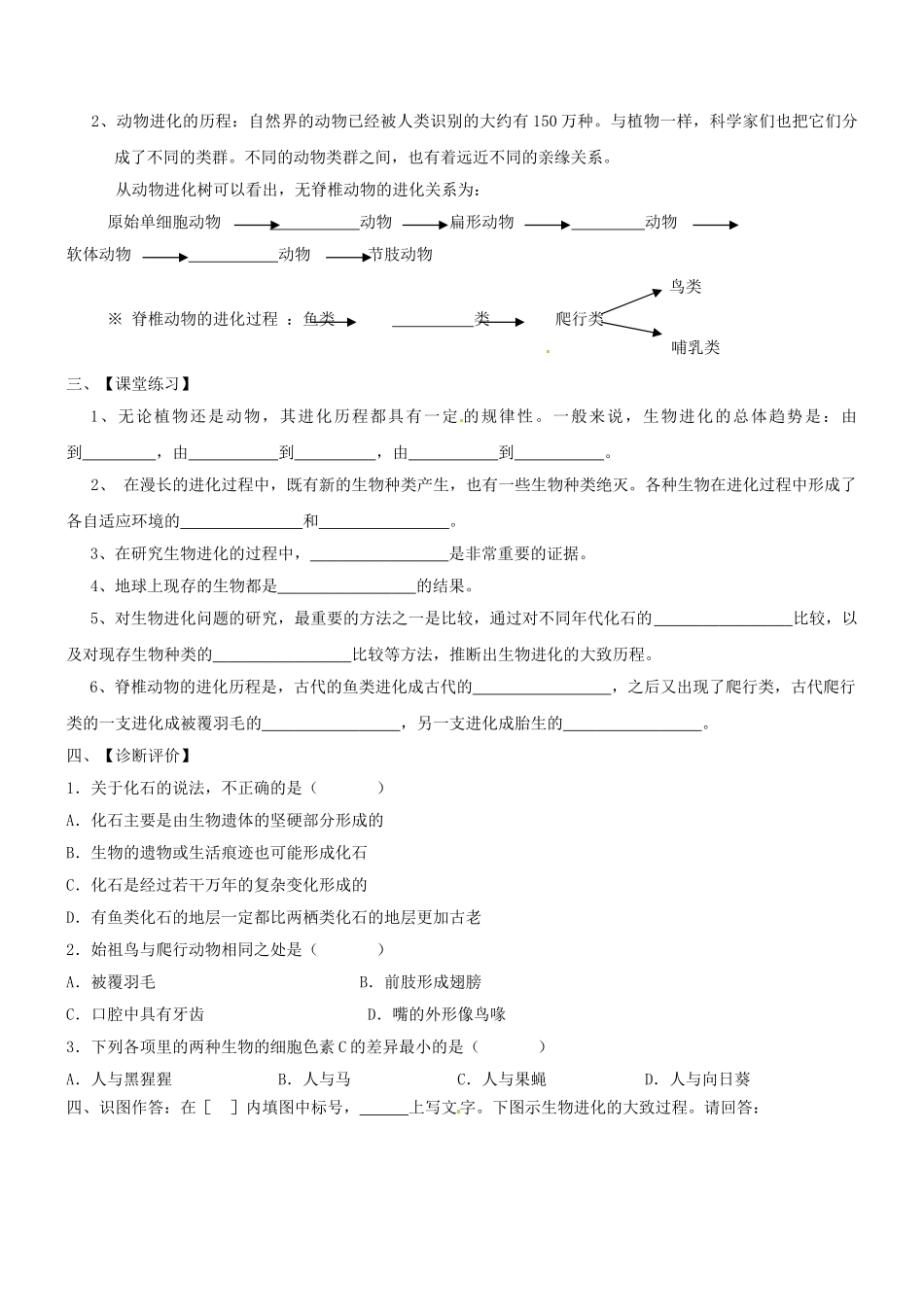 山东省胶南市理务关镇中心中学八年级生物下册 7.3.2 生物进化的历程学案（无答案） 新人教版_第2页