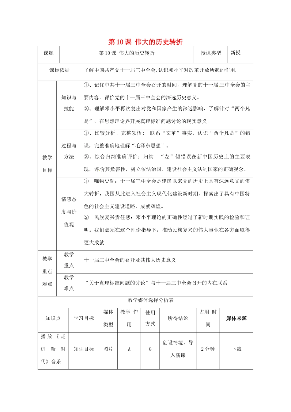 陕西省安康市石泉县池河镇八年级历史下册 第三单元 建设中国特色社会主义 第10课 伟大的历史转折教案1 北师大版-北师大版初中八年级下册历史教案_第1页