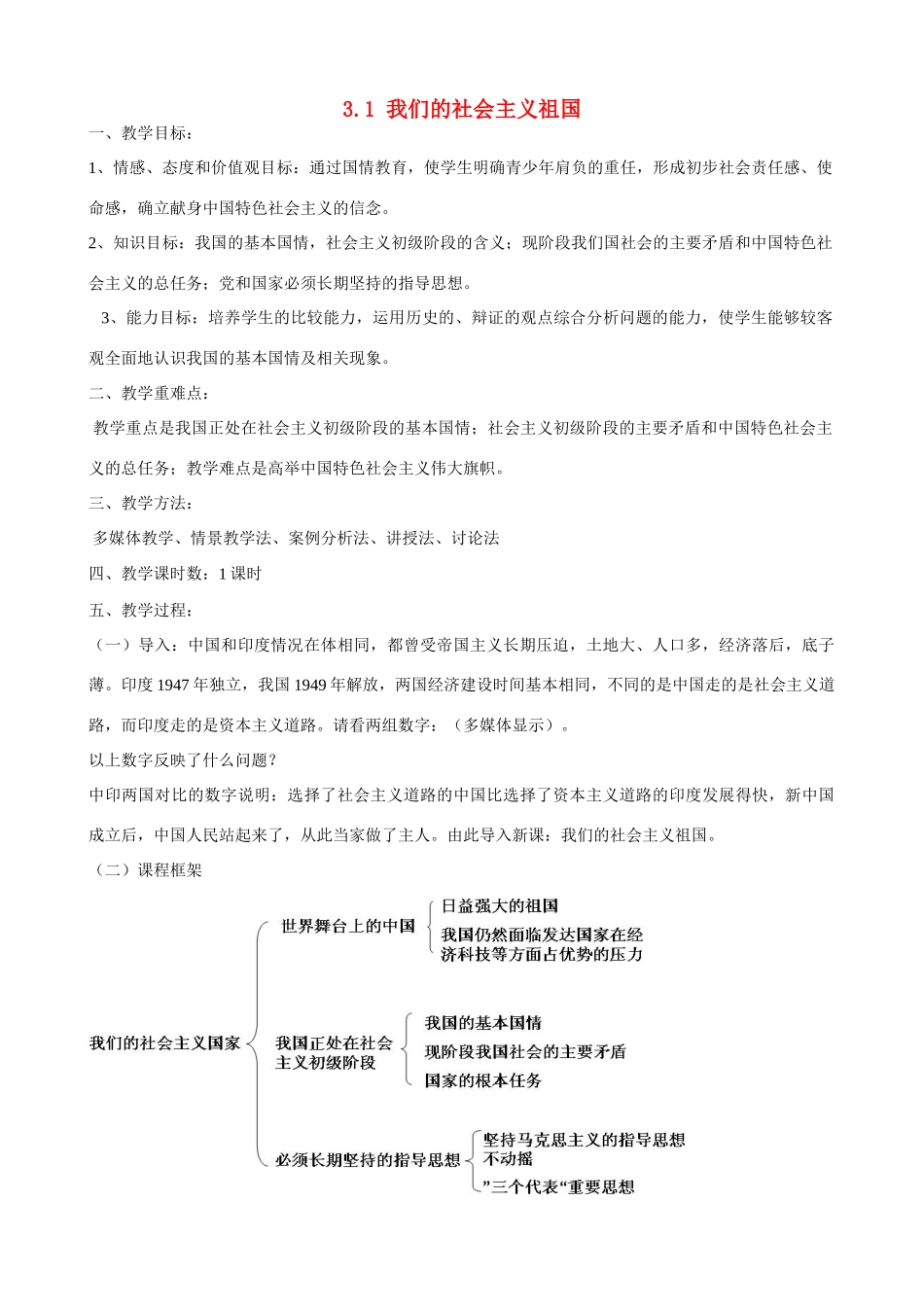 河南省郑州高新区创启学校九年级政治全册 3.1 我们的社会主义祖国教案 新人教版_第1页
