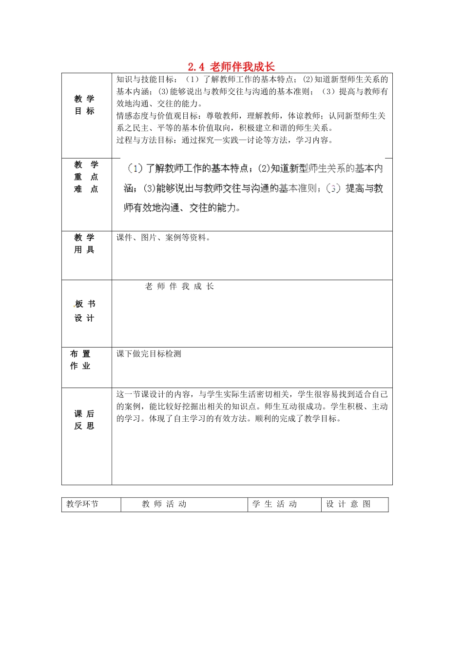 北京市豆各庄中学八年级政治上册 2.4 老师伴我成长教案 新人教版_第1页