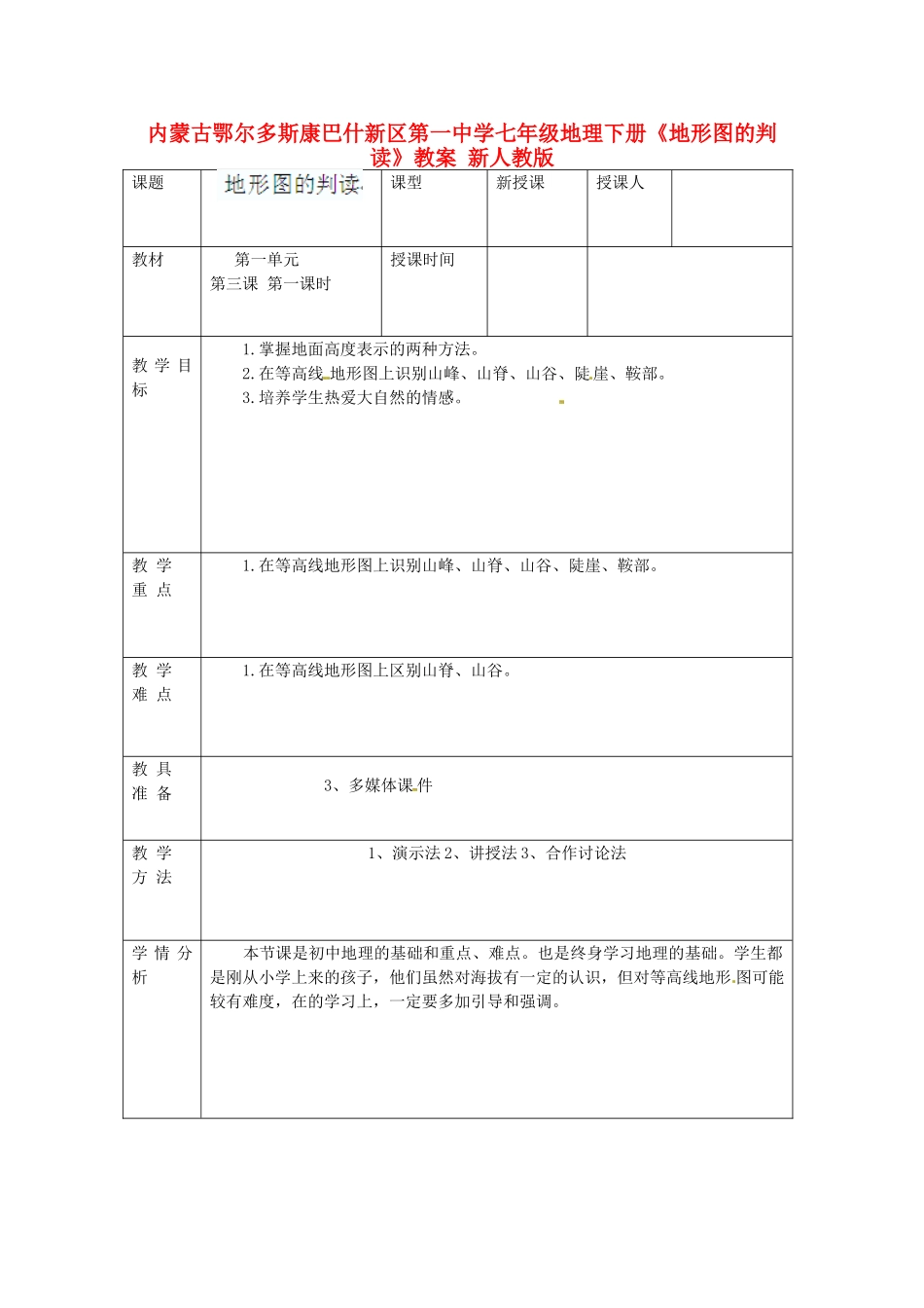 内蒙古鄂尔多斯康巴什新区第一中学七年级地理下册《地形图的判读》教案 新人教版_第1页