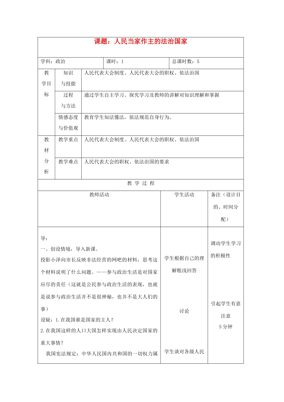 吉林省四平市第十七中学九年级政治全册《第六课 第一框 人民当家作主的法治国家》教案1 新人教版_第1页