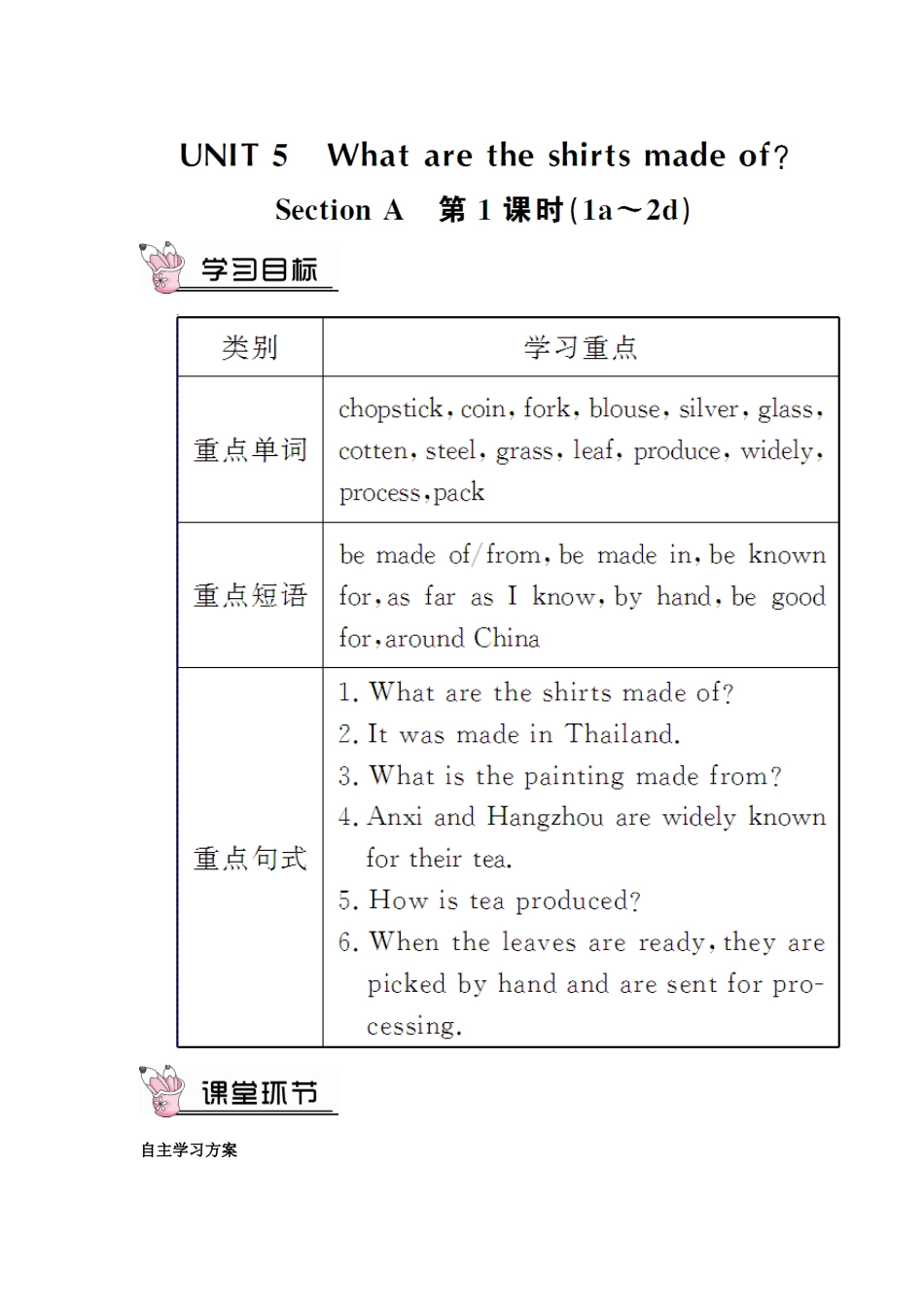 九年级英语全册 Unit 5 What are the shirts made of第1课时导学案2（新版）人教新目标版-（新版）人教新目标版初中九年级全册英语学案_第1页