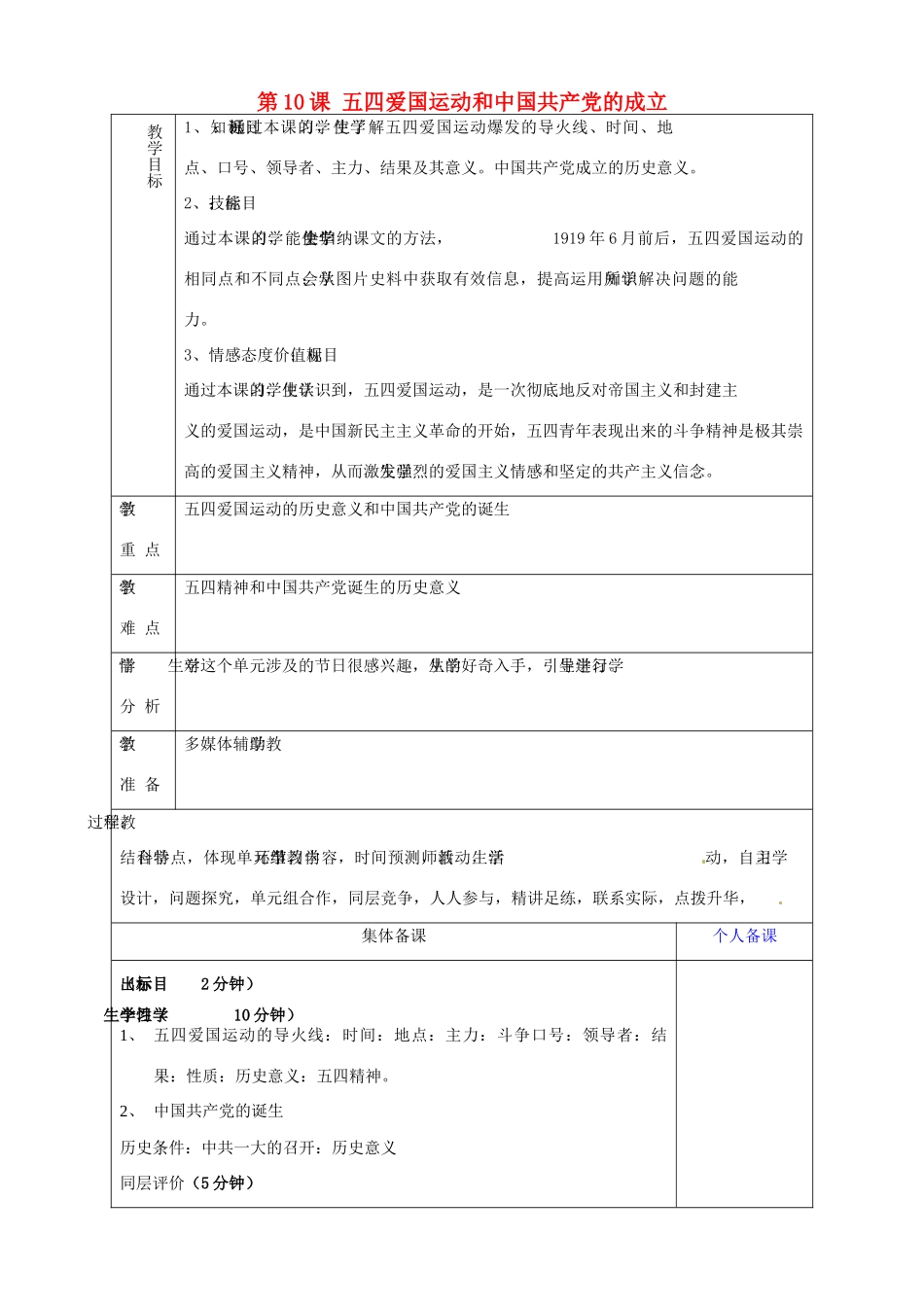 山东省淄博市临淄区第八中学八年级历史上册《第10课 五四爱国运动和中国共产党的成立》教案 新人教版_第1页