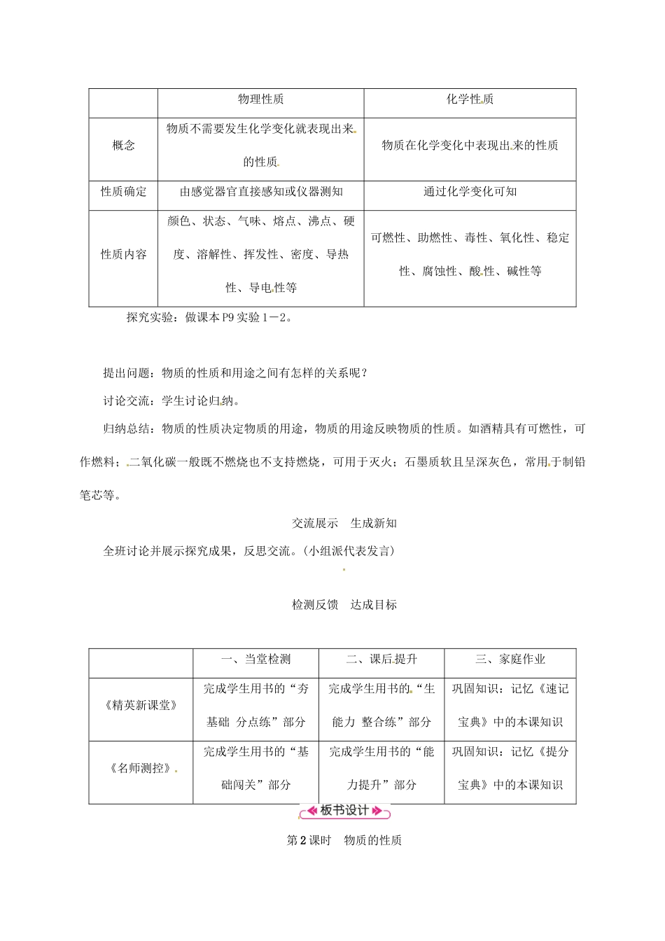 秋九年级化学上册 第1单元 走进化学世界 课题1 物质的变化和性质 第2课时 物质的性质教案 （新版）新人教版-（新版）新人教版初中九年级上册化学教案_第2页