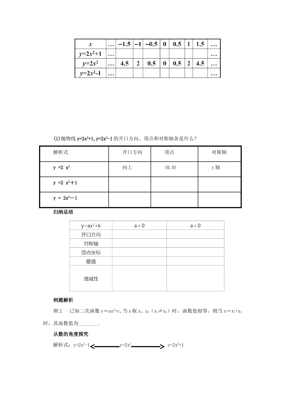 秋九年级数学上册 第二十二章 二次函数 22.1 二次函数的图象和性质 22.1.3 二次函数yax2k的图象和性质（第1课时）导学案 （新版）新人教版-（新版）新人教版初中九年级上册数学学案_第2页