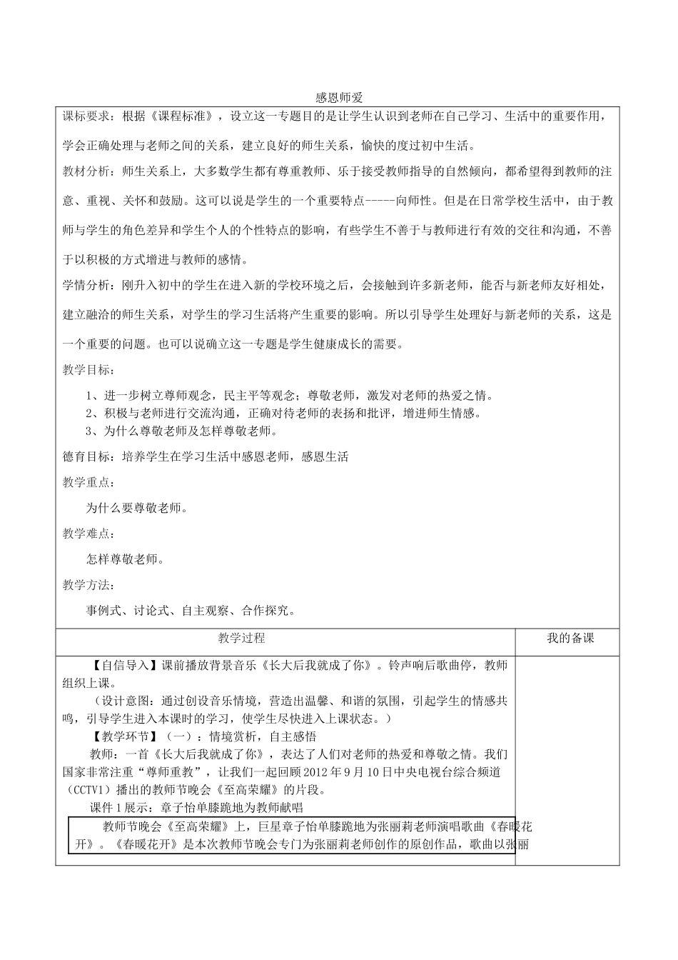 七年级道德与法治上册 第一单元 相逢是首歌 第2课 我和老师交朋友 第1框 感恩师爱教学设计 鲁人版五四制-鲁人版初中七年级上册政治教案_第1页