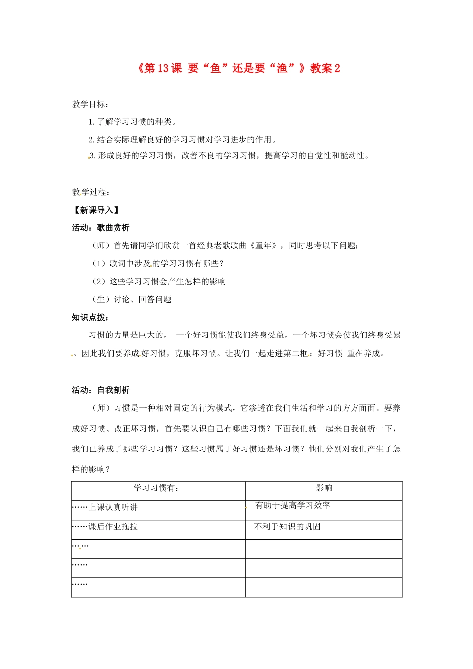 江苏省东台市唐洋镇中学七年级政治上册《第13课 要“鱼”还是要“渔”》教案2 苏教版_第1页