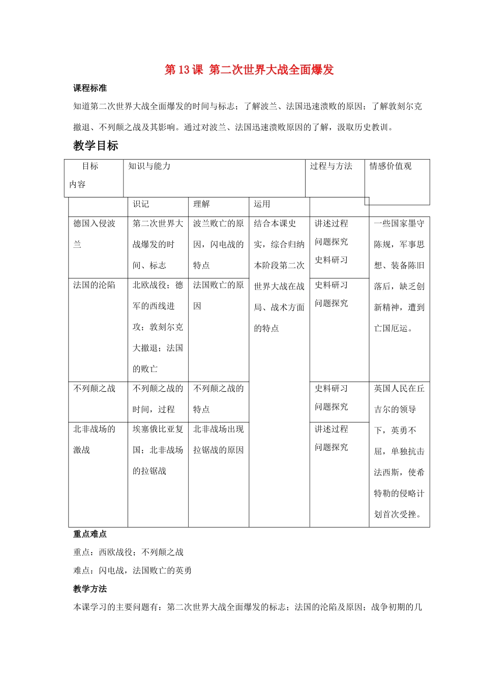 九年级历史下册 第三单元 第13课《第二次世界大战全面爆发》教案2 华东师大版-华东师大版初中九年级下册历史教案_第1页