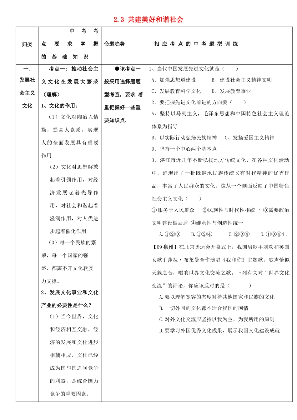 九年级政治：2.3《共建美好和谐社会》复习教案（粤教版）_第1页
