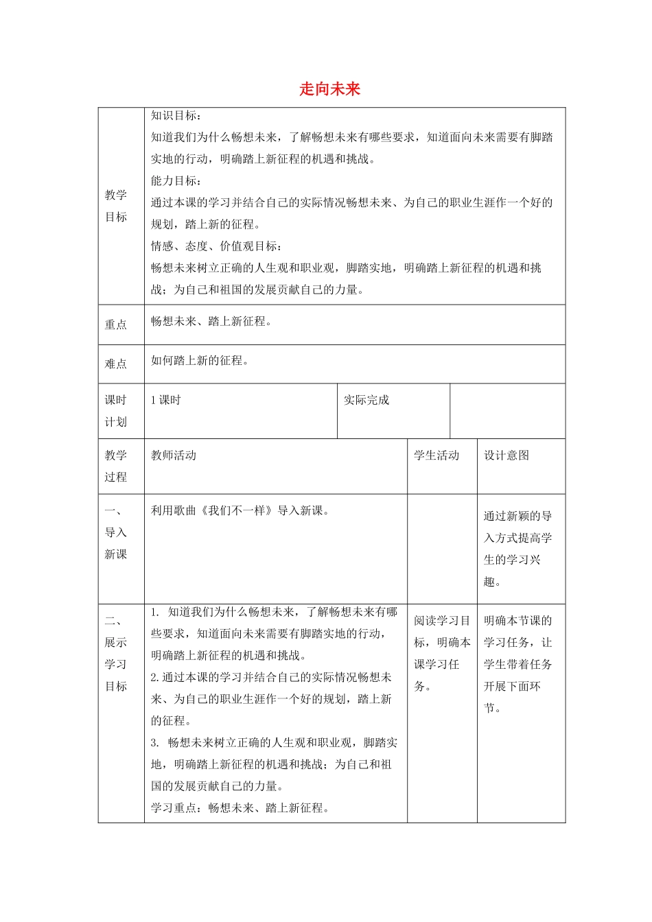九年级道德与法治下册 第三单元 走向未来的少年 第七课 从这里出发 第2框走向未来教案 新人教版-新人教版初中九年级下册政治教案_第1页