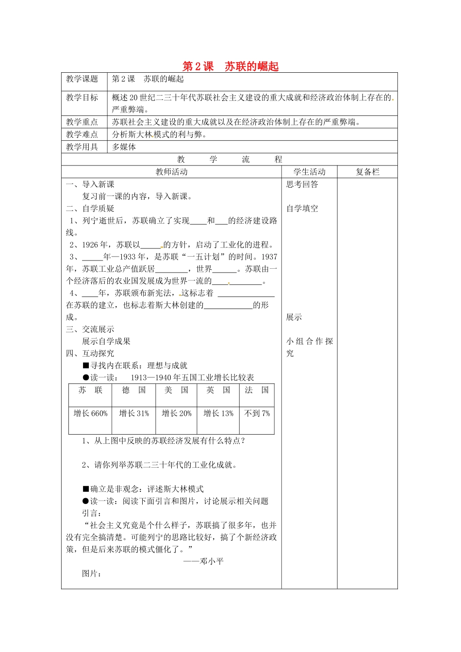 九年级历史下册 第2课 苏联的崛起教案 北师大版-北师大版初中九年级下册历史教案_第1页