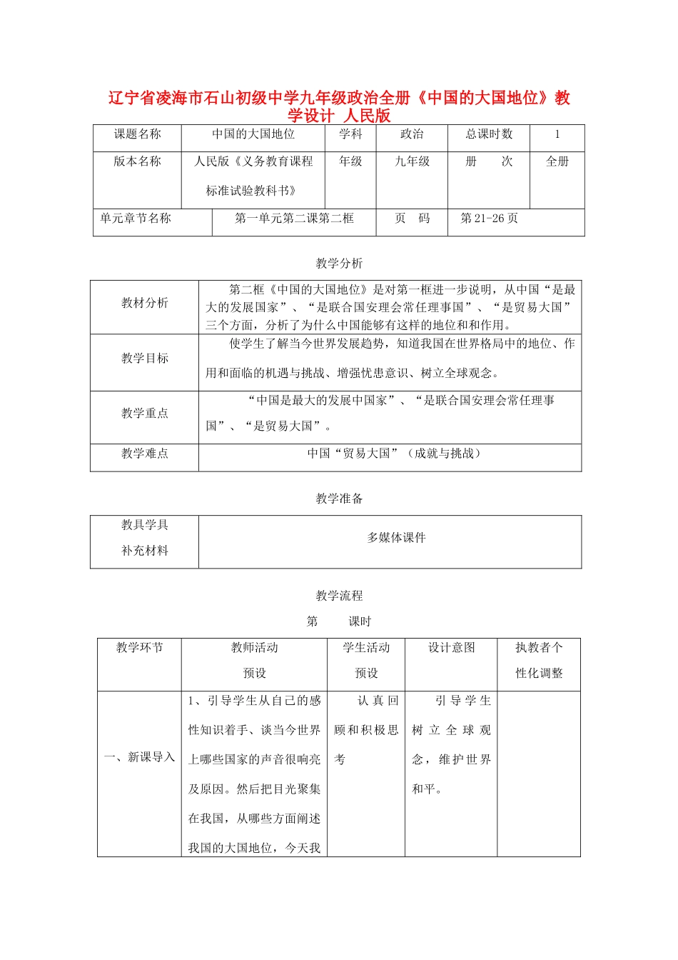 辽宁省凌海市石山初级中学九年级政治全册《中国的大国地位》教学设计 人民版_第1页
