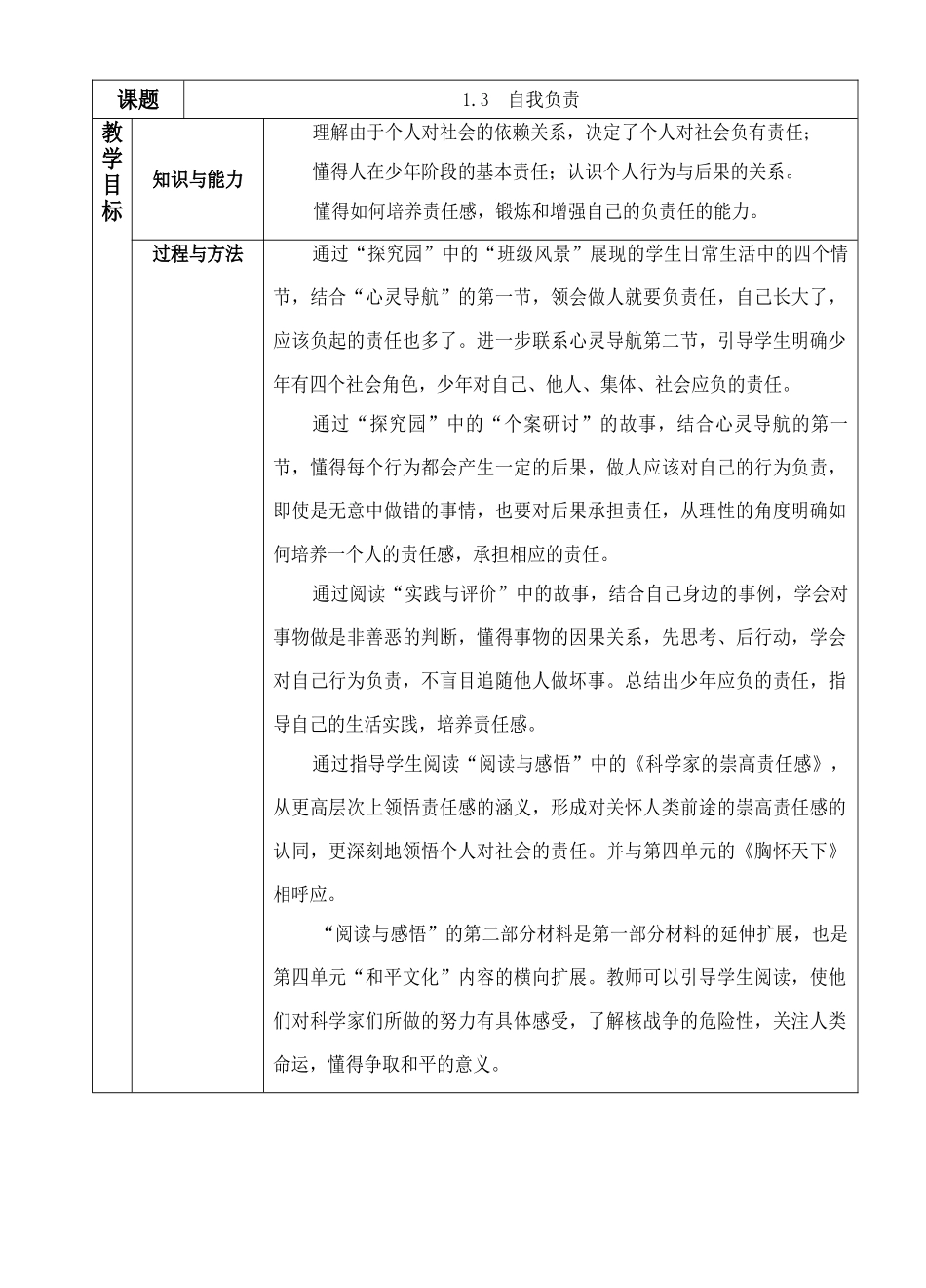 八年级政治自我负责1教案_第1页