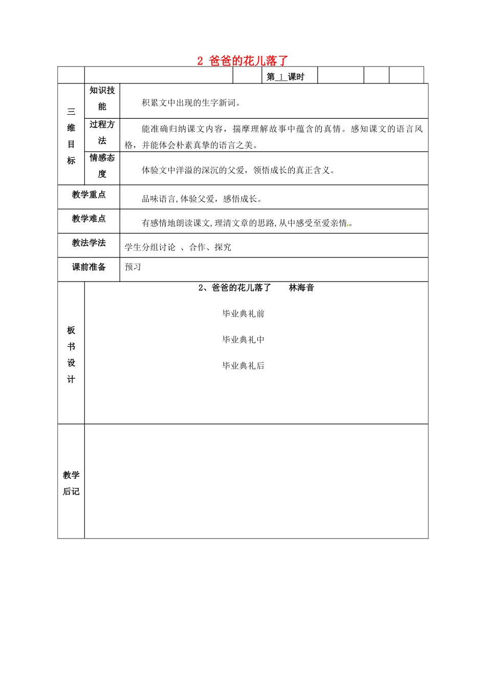 甘肃省武威市第四中学七年级语文下册 2 爸爸的花儿落了教案1 新人教版_第1页