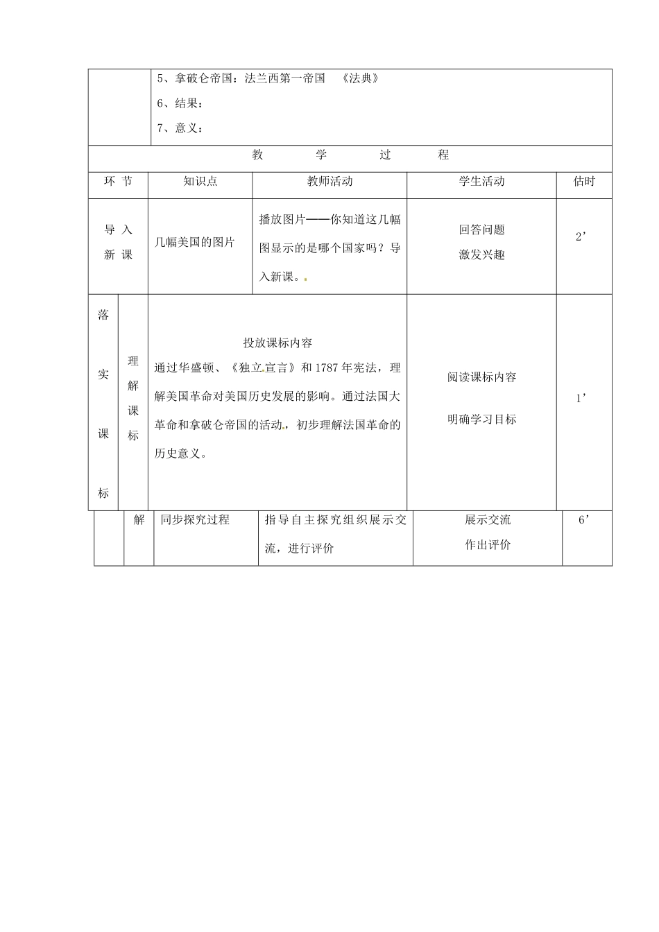 山东省临沭县九年级历史上册《第12-13课美国的诞生和法国大革命、拿破仑帝国》教案 新人教版_第2页