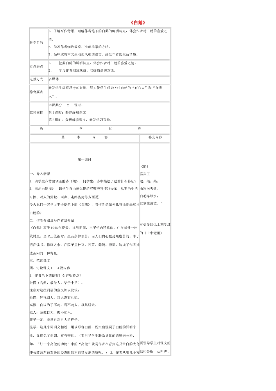 七年级语文下册 3《白鹅》教学设计 语文版-语文版初中七年级下册语文教案_第1页