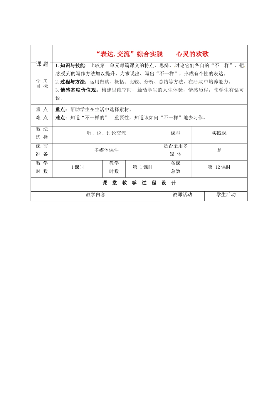 甘肃省酒泉市瓜州县第二中学七年级语文下册 第一单元 第十课《心灵的欢歌》教案 北师大版_第1页