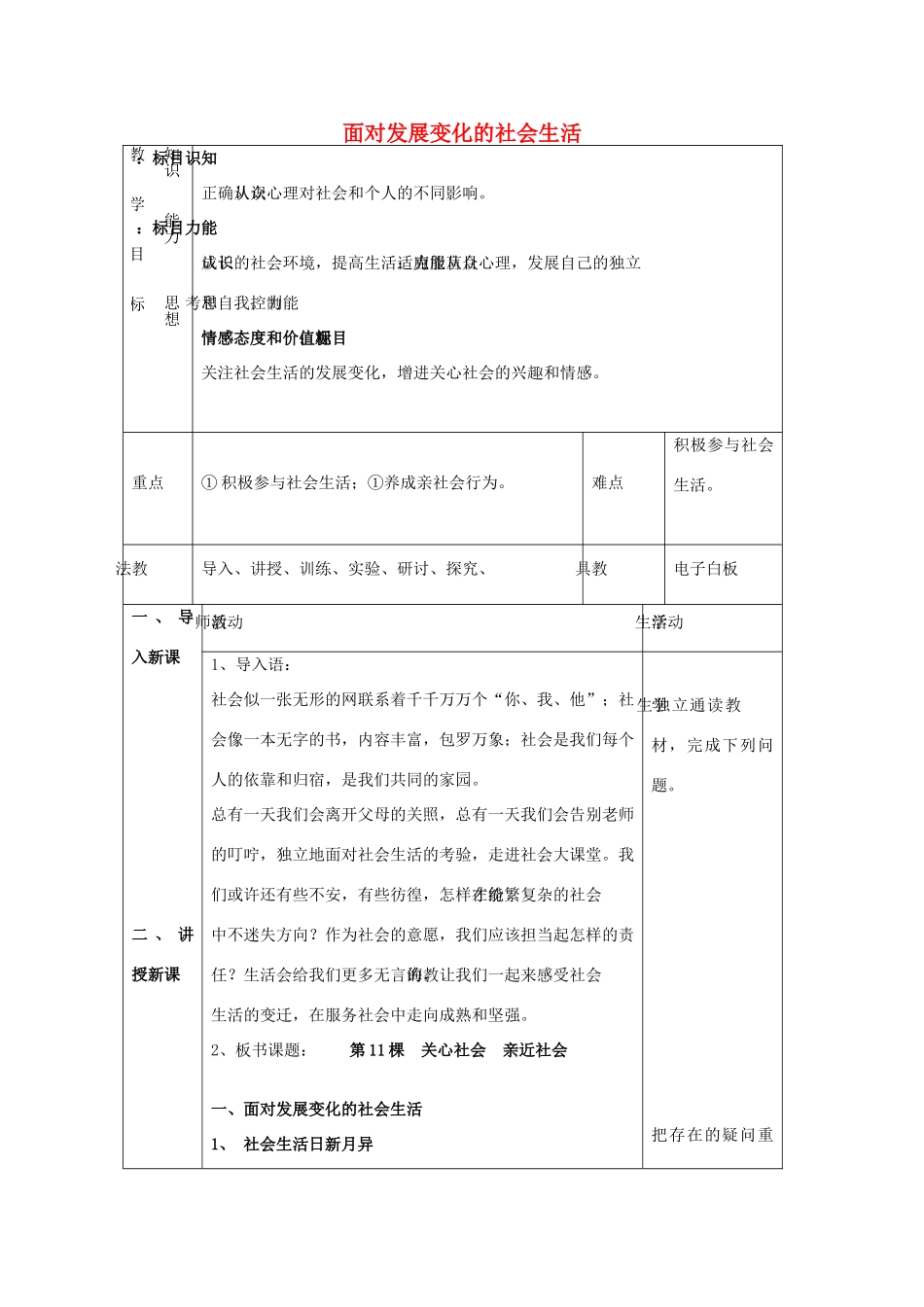 八年级政治下册 第五单元 热爱集体融入社会 第11课 关心集体融入社会教案 鲁教版-鲁教版初中八年级下册政治教案_第1页