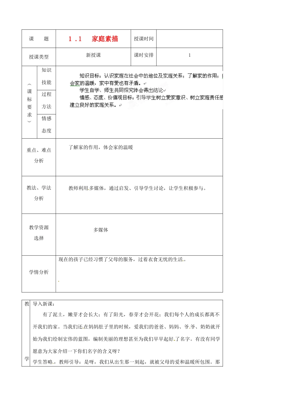 北京市房山区周口店中学八年级政治《家庭素描》教案 人教新课标版_第1页
