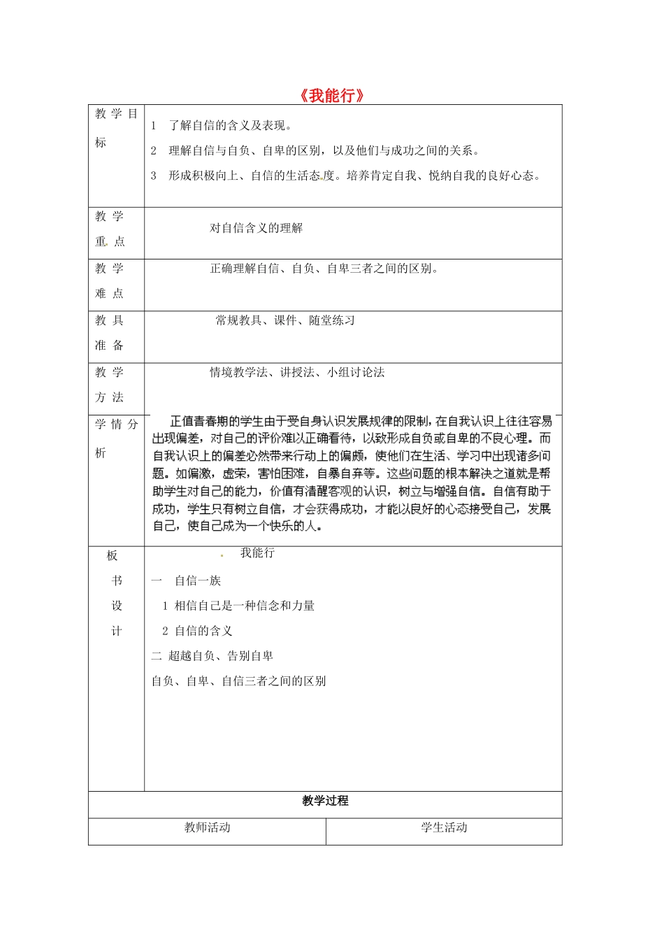 内蒙古鄂尔多斯康巴什新区第一中学七年级政治下册 第二单元 第三课 第二框《我能行》教案 新人教版_第1页