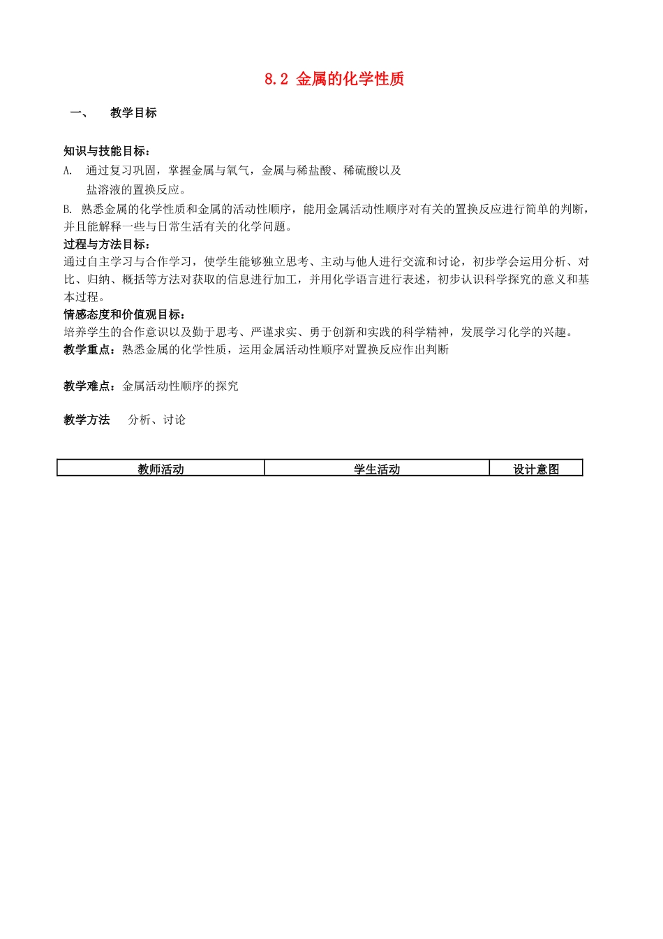 陕西省西安经发中学九年级化学下册《8.2 金属的化学性质》教案 （新版）新人教版_第1页