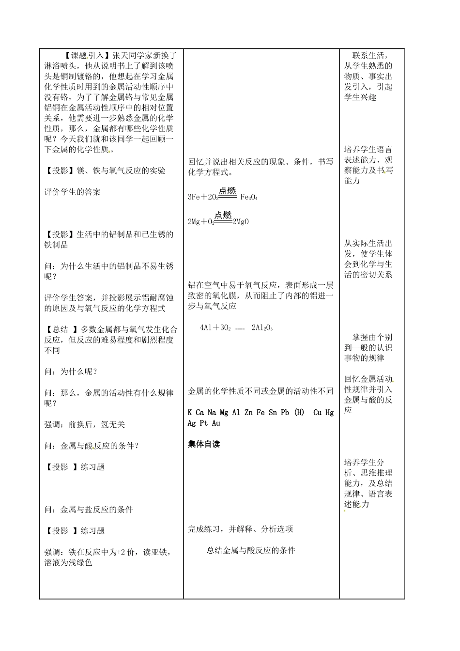 陕西省西安经发中学九年级化学下册《8.2 金属的化学性质》教案 （新版）新人教版_第2页