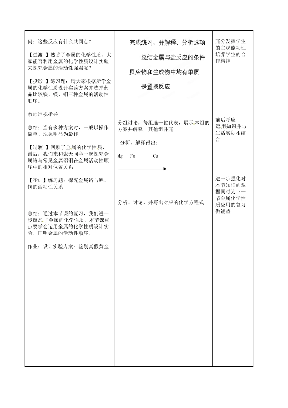 陕西省西安经发中学九年级化学下册《8.2 金属的化学性质》教案 （新版）新人教版_第3页