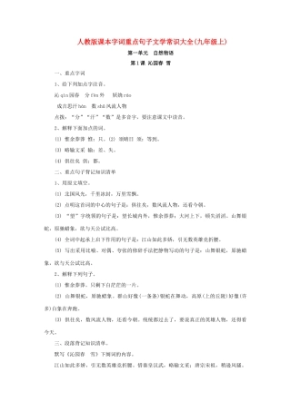 九年级语文上册 课本字词重点句子文学常识大全学案  人教新课标版