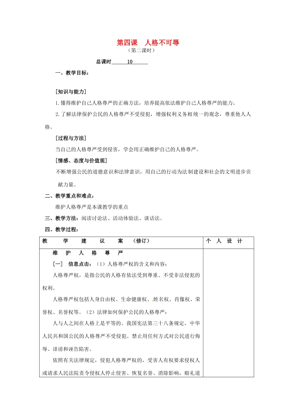 江苏省灌南县实验中学七年级政治上册 第四课 人格不可辱（2）教案 苏教版_第1页