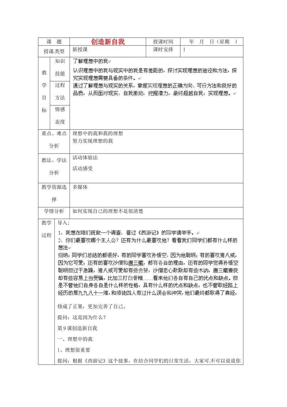 北京市房山区周口店中学七年级政治《创造新的自我》教案 人教新课标版_第1页