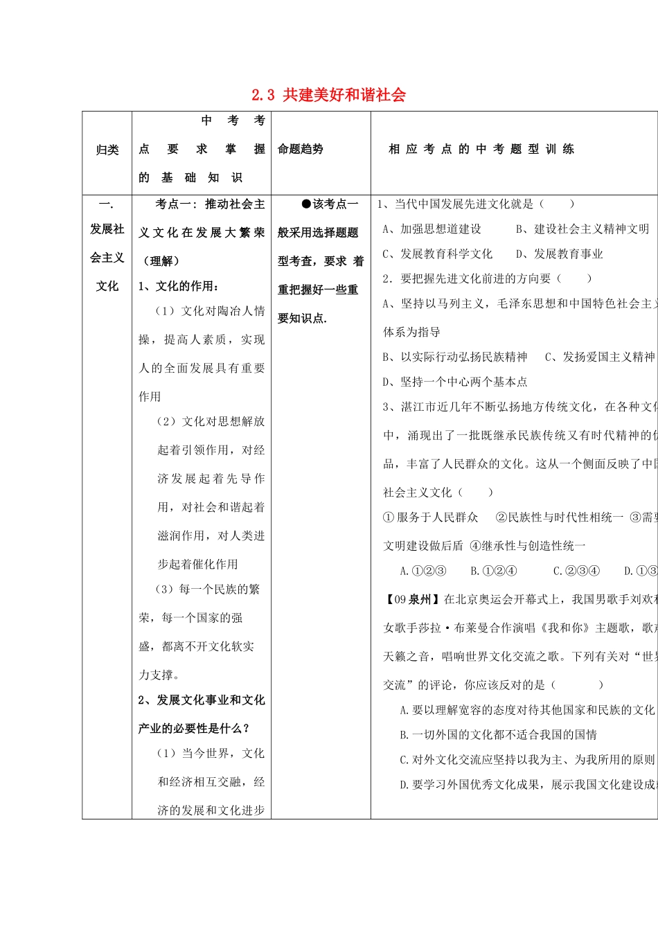 九年级政治 2.3 共建美好和谐社会 复习教案 粤教版_第1页