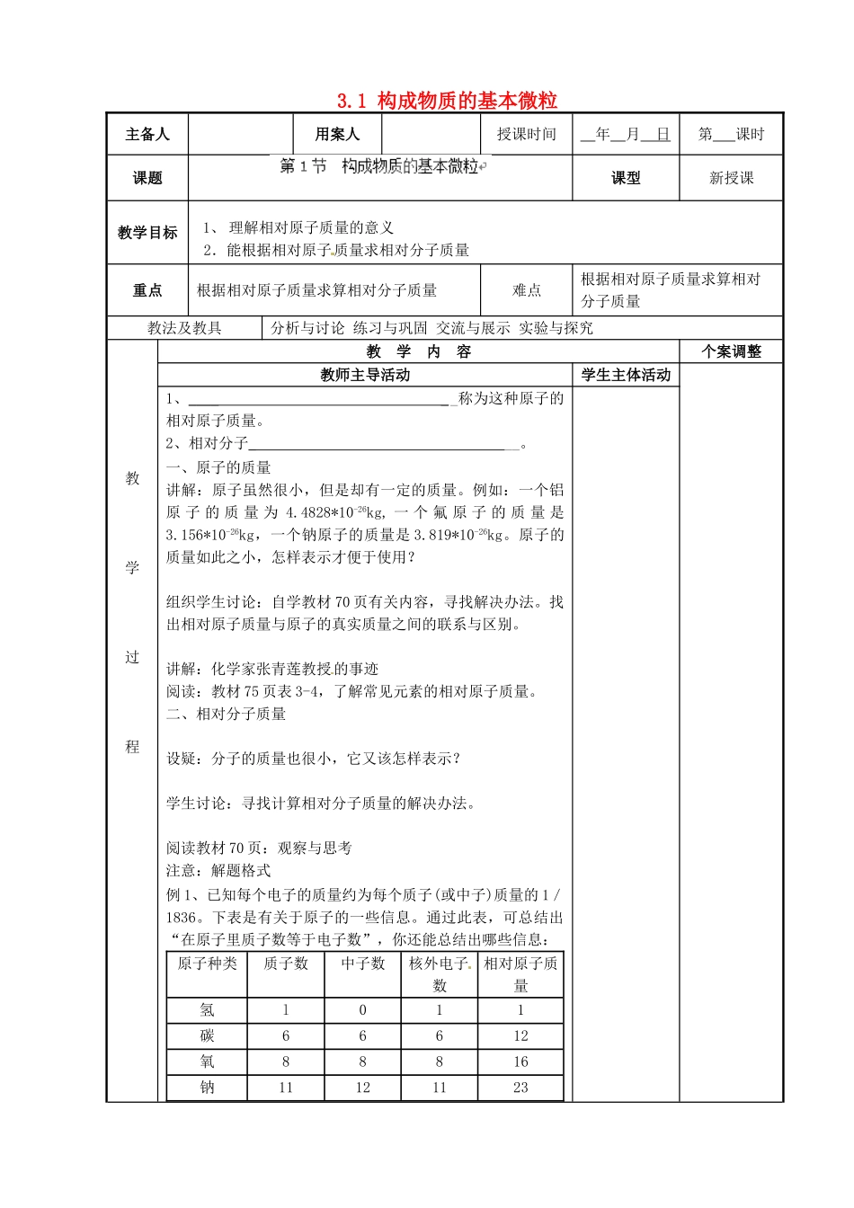 江苏省新沂市第二中学九年级化学上册 3.1 构成物质的基本微粒教案4 （新版）沪教版_第1页