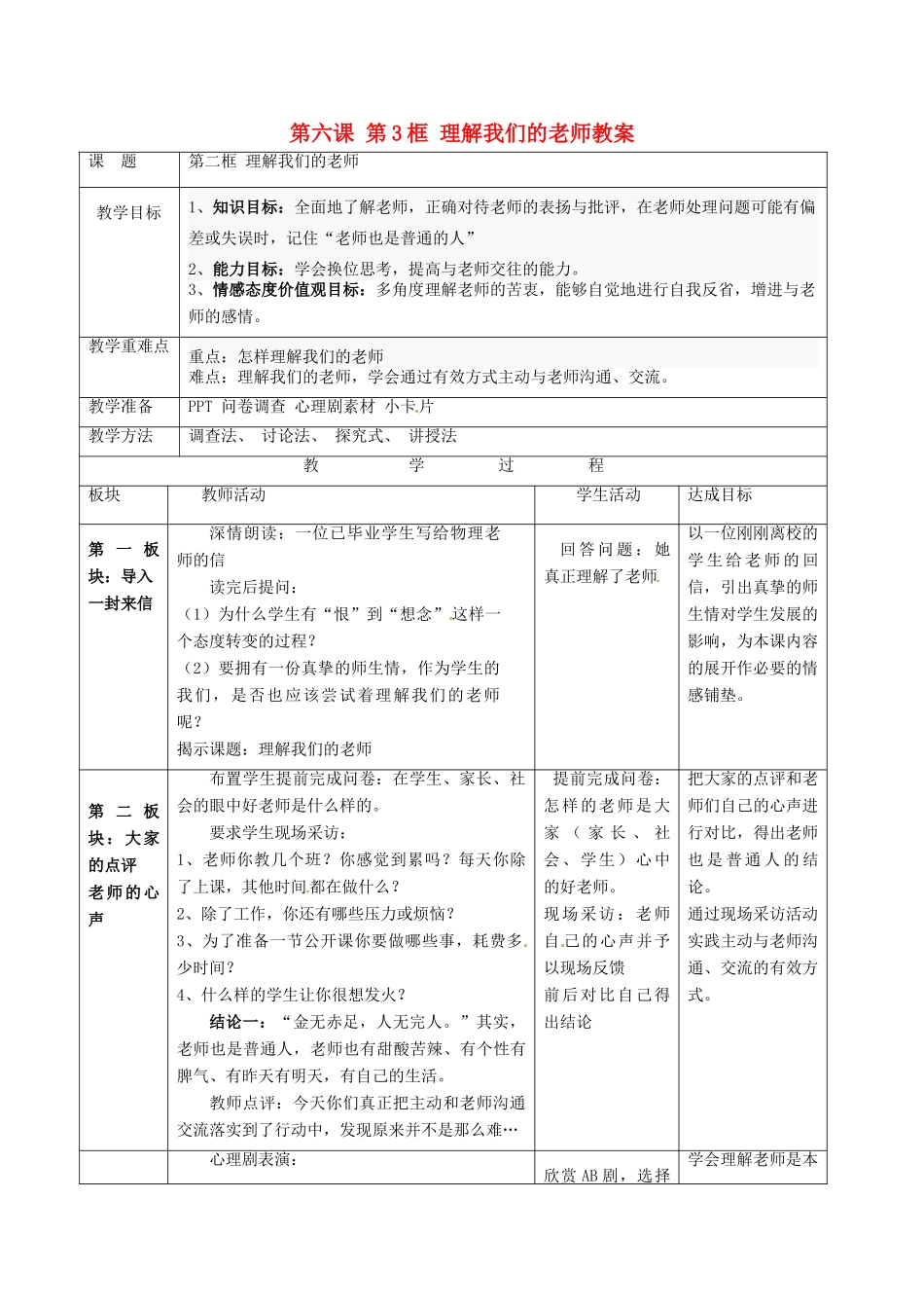 江苏省常州市花园中学八年级政治上册 第六课 第3框 理解我们的老师教案 苏教版_第1页