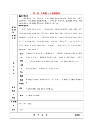 甘肃省武威第十一中学七年级政治下册《第一单元 第1课 第一框 自尊是人人都需要的》教案 新人教版