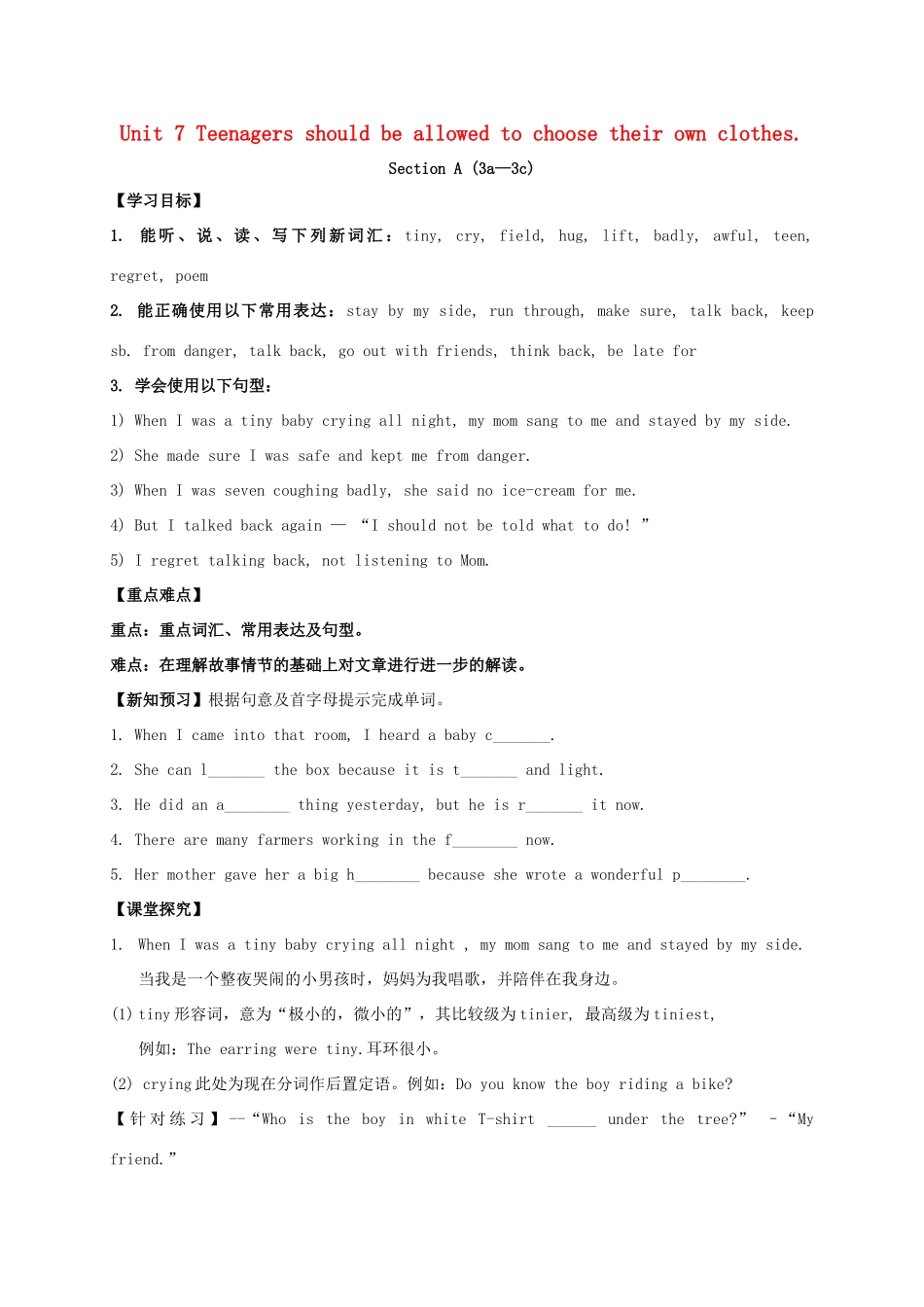 九年级英语全册《Unit 7 Teenagers should be allowed to choose their own clothes（第2课时）》学案 （新版）人教新目标版-（新版）人教新目标版初中九年级全册英语学案_第1页