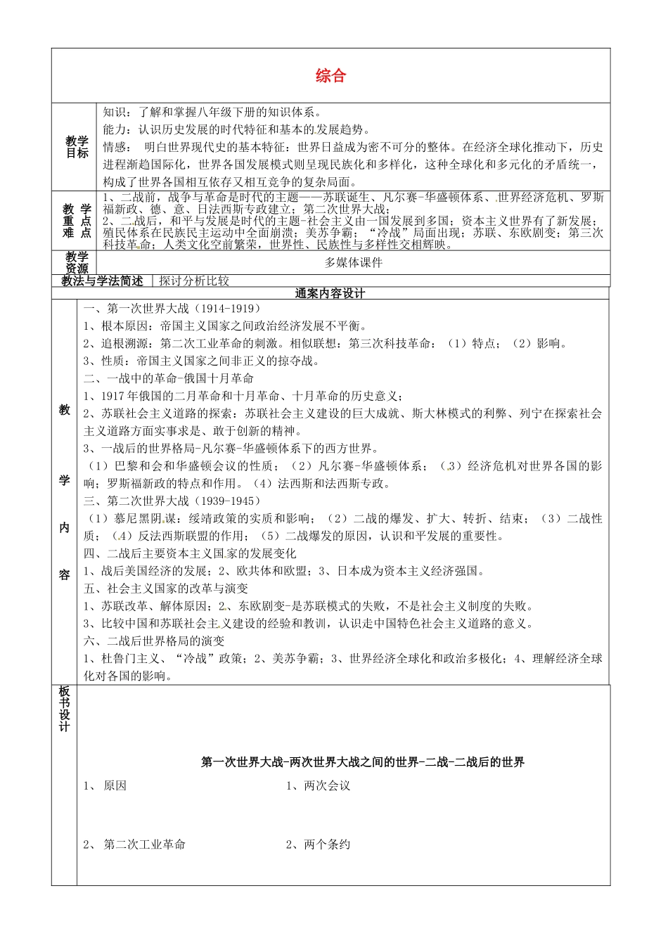 九年级历史下学期第4周复习 八下 综合教案-人教版初中九年级全册历史教案_第1页