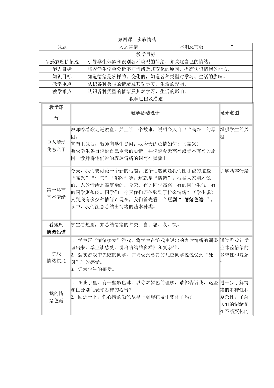 广西灵山县金龙中学七年级政治下册 第四课 多彩情绪教案 教科版_第1页